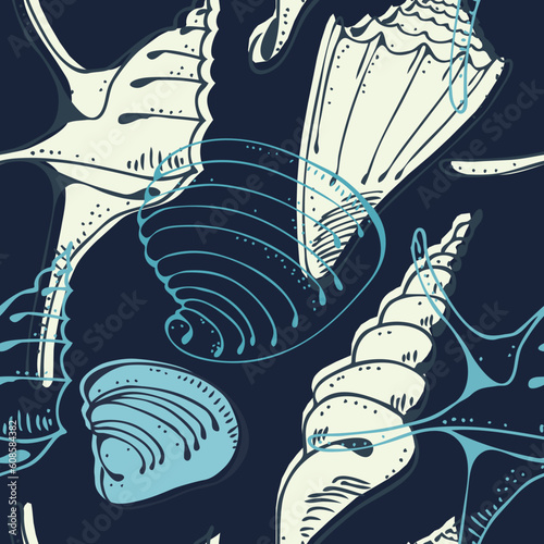 Vector background from shells on a dark blue