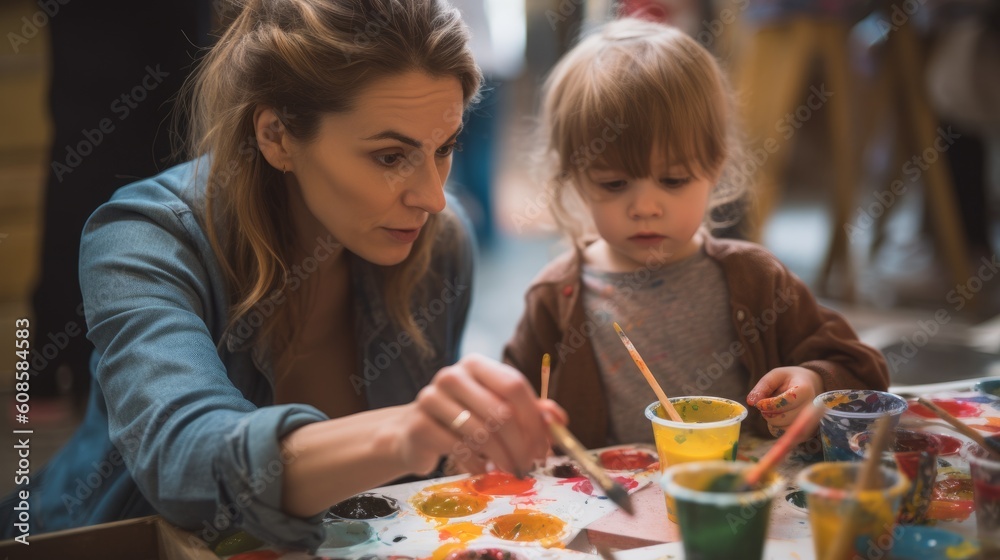 A mother and her child participating in a creative, art-focused activity together, painting, as a special Mother's Day bonding experience AI generated A mother and her child participating in a creative, art-focused activity together, painting, as a special Mother's Day bonding experience AI generated