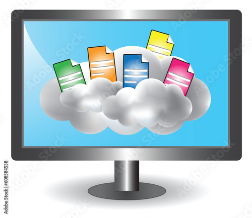 Cloud Computing concept vector illustration with clouds, documents in the computer monitor