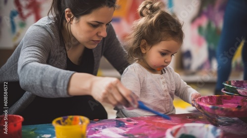 A mother and her child participating in a creative, art-focused activity together, painting, as a special Mother's Day bonding experience AI generated photo