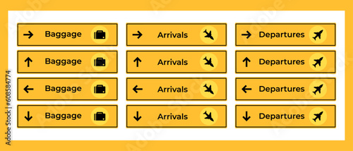 Vector airport signs departure arrival travel icon. board airline sign, baggage flight information with arrow isolated labels