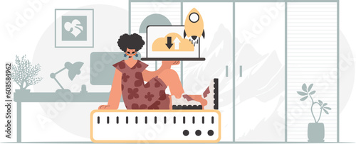 Synchronization and security of data capacity concept. The energized woman is holding a data cloud and a server. Trendy style, Vector Illustration