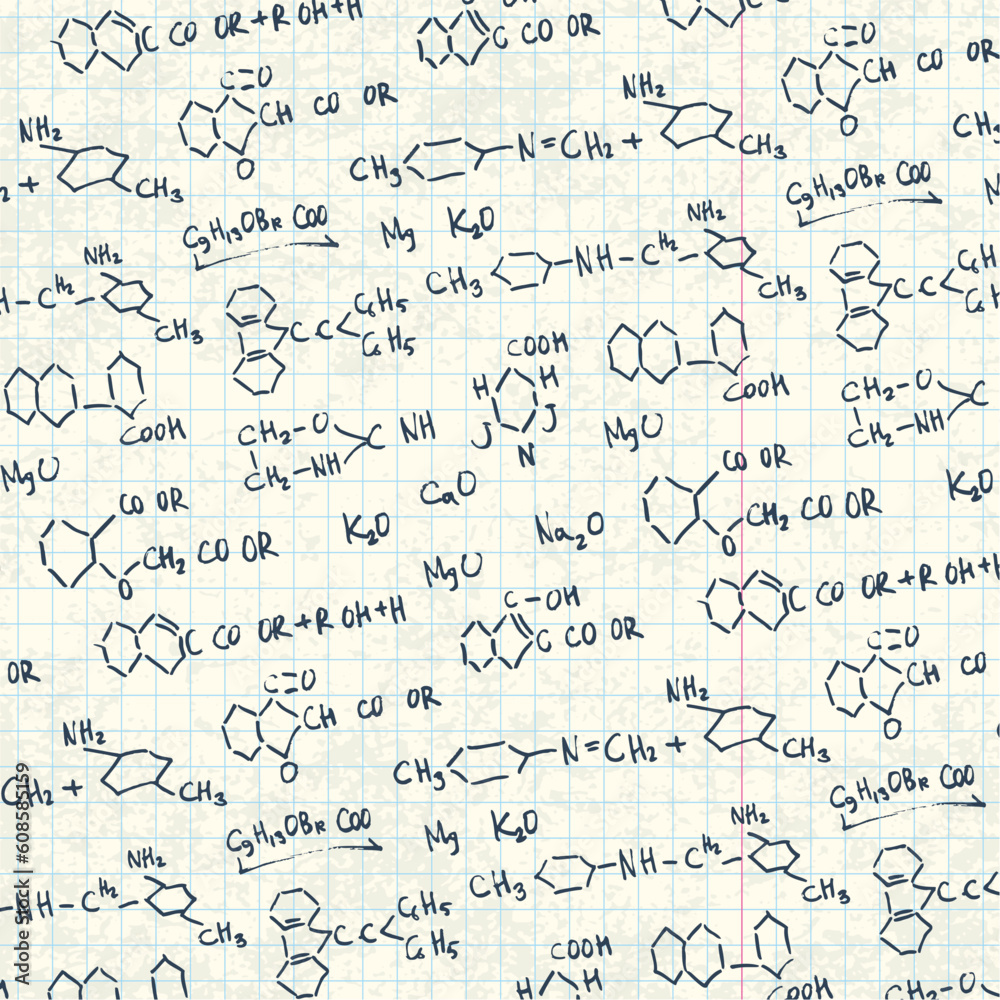 Abstract chemistry formulas on exercise book paper sheet. Vector background, EPS10. Abstract chemistry formulas on exercise book paper sheet. Vector background, EPS10.