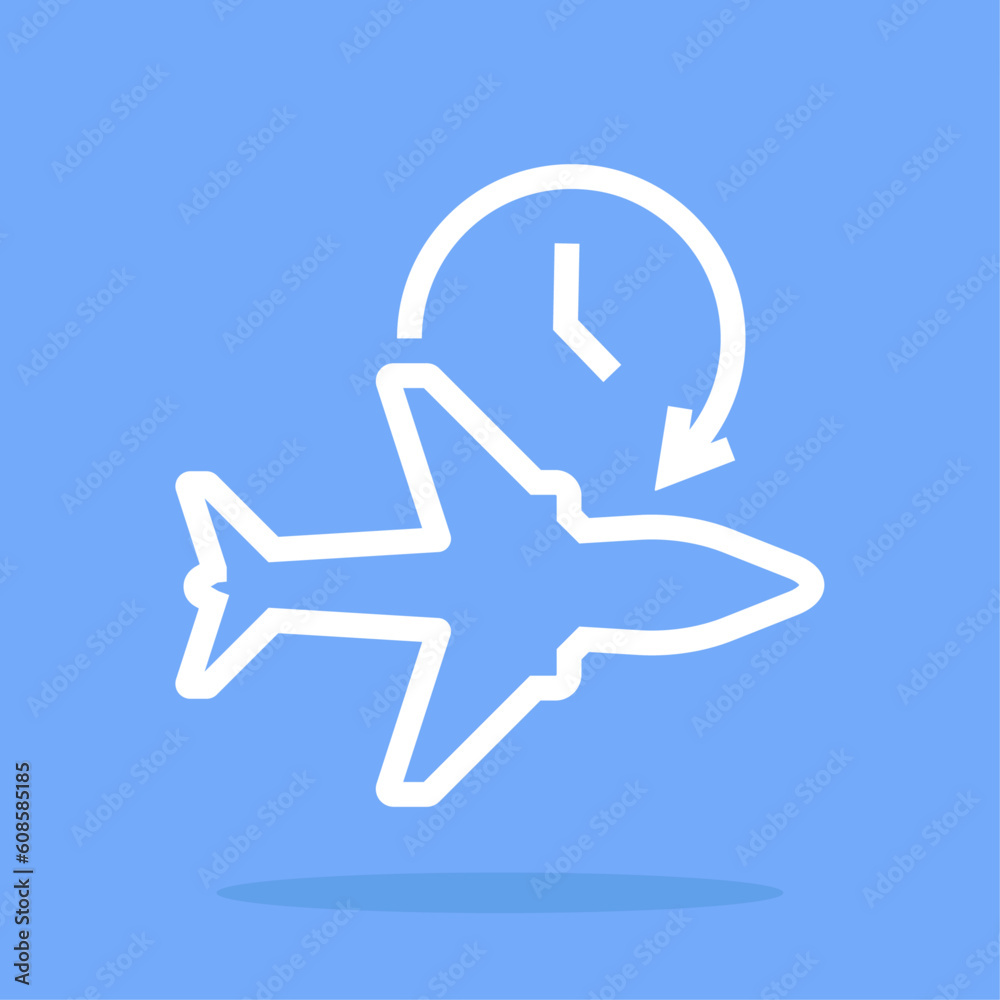 Vector flight time icon. Travel plane silhouette logo. Timerbair plane icon isolated on white background clock with arrow elements for infographic web. Vector flight time icon. Travel plane silhouette logo. Timerbair plane icon isolated on white background clock with arrow elements for infographic web.
