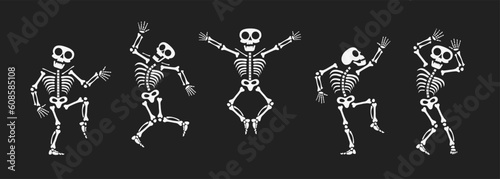 Skeletons dancing with different positions flat style design vector illustration set. Funny dancing Halloween or Day of the dead skeletons collection. Creepy, scary human bones characters silhouettes.