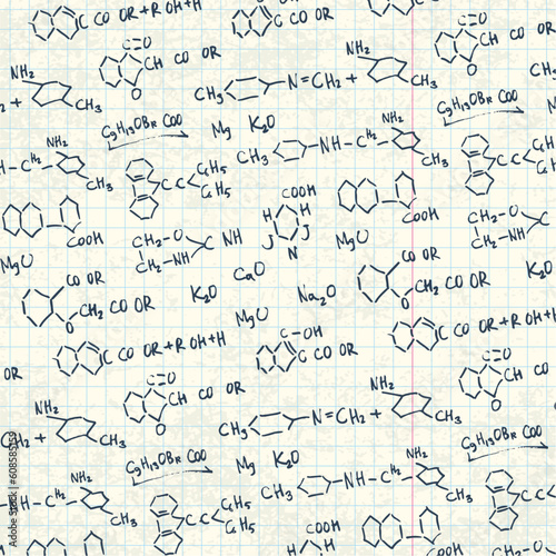 Abstract chemistry formulas on exercise book paper sheet. Vector background, EPS10.