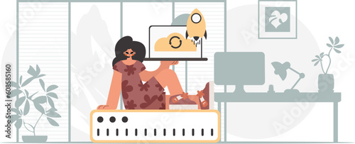 Synchronization and security of data capacity concept. The energized woman is holding a data cloud and a server. Trendy style, Vector Illustration photo