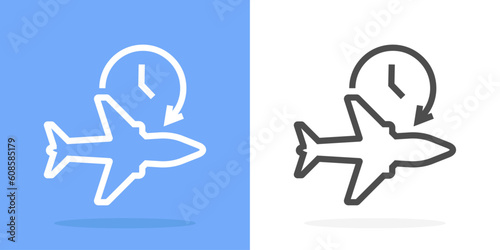 Set Vector flight time icon. Travel plane silhouette logo. Timerbair plane icon isolated on white background clock with arrow elements for infographic web. Minimal line symbol plane with time