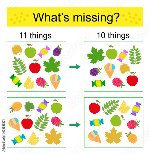 Puzzle game. Task for the development of attention and logic for children. Find the missing object.