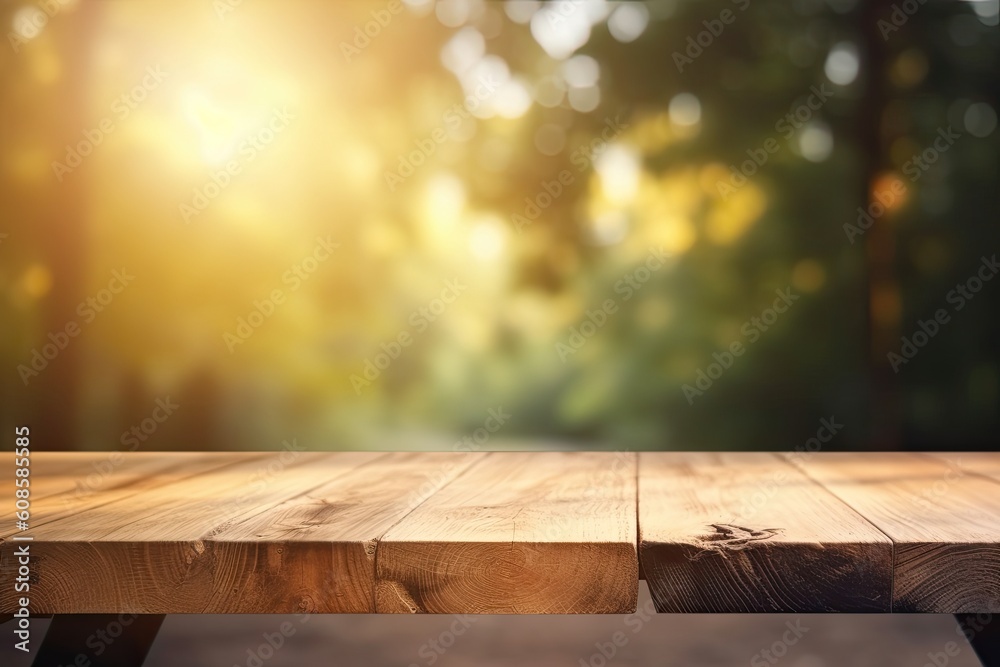 Wooden table in front of blurred autumn foliage background. Ready for product display montage Wooden table in front of blurred autumn foliage background. Ready for product display montage