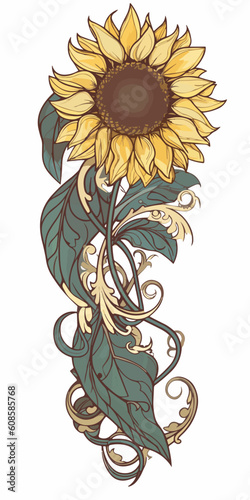 Sunflower - art nouveau - isolated on white background	
