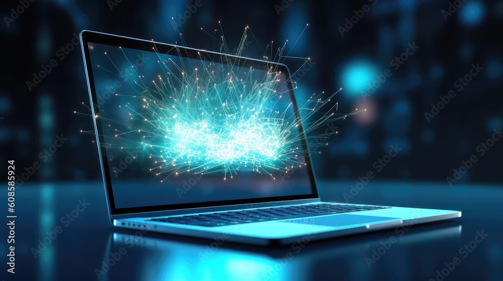 Cyber security internet, networking concept, cybersecurity. Abstract sparkle digital connection dots, lines, circuit wireless technology over laptop, modern smart city background. Generative AI Cyber security internet, networking concept, cybersecurity. Abstract sparkle digital connection dots, lines, circuit wireless technology over laptop, modern smart city background. Generative AI