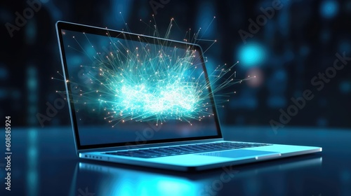 Cyber security internet, networking concept, cybersecurity. Abstract sparkle digital connection dots, lines, circuit wireless technology over laptop, modern smart city background. Generative AI