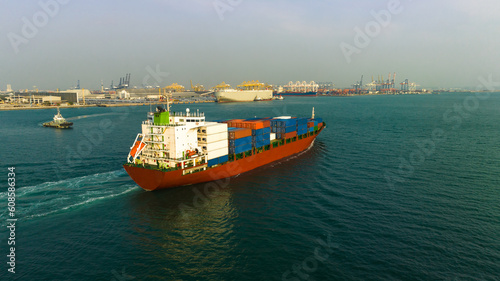 cargo container ship carrying in sea to import export goods and distributing products to dealer and consumers across asia pacific worldwide, global business and industry delivery service 