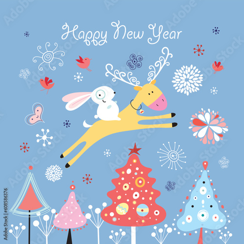 Bright Christmas card with a deer and a hare on a blue background with snowflakes and Christmas trees