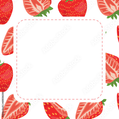 Square frame with rounded corners with a strawberry pattern on the background. Vector illustration. Suitable for print, social media and backdrops.