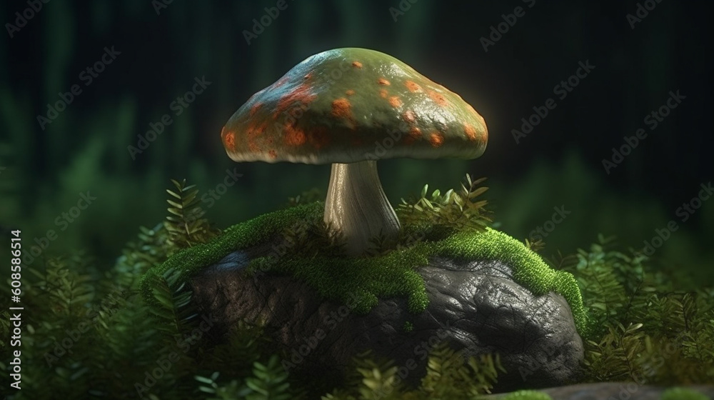 Fototapeta premium A mushroom with a mushroom on it's head is surrounded by plants.generative ai