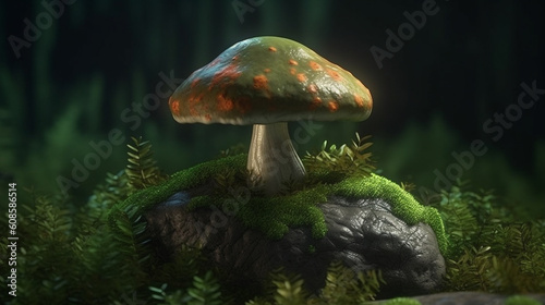 A mushroom with a mushroom on it's head is surrounded by plants.generative ai