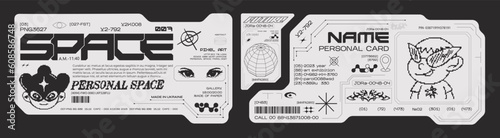 Futuristic y2k technology frame for design. HUD frames in sci-fi style, GUI, FUI.Modern cyber user interface elements. Pixel characters, system notifications