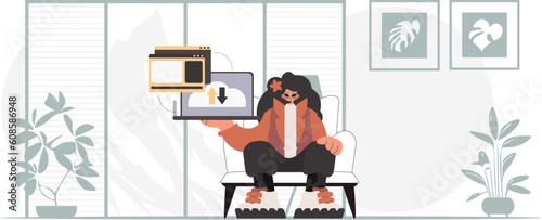 The energized lady is holding a tablet, which is synchronized with the information capacity. Trendy style, Vector Illustration