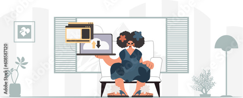 The energized lady is holding a tablet, which is synchronized with the information capacity. Trendy style, Vector Illustration