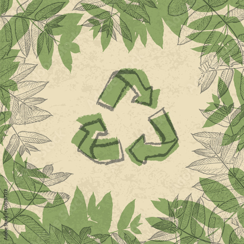 Recycle symbol, printed on reuse paper. In frame of leaves. vector illustration, EPS10.