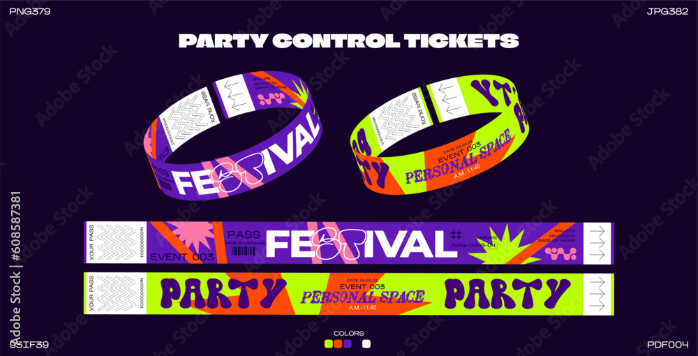 Control ticket bracelets for events, disco, festival, fan zone, party, staff. Vector mockup of a festival bracelet in a futuristic y2k style - obrazy, fototapety, plakaty 