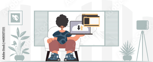 The individual is holding a tablet, which is synchronized with the data capacity. Trendy style, Vector Illustration
