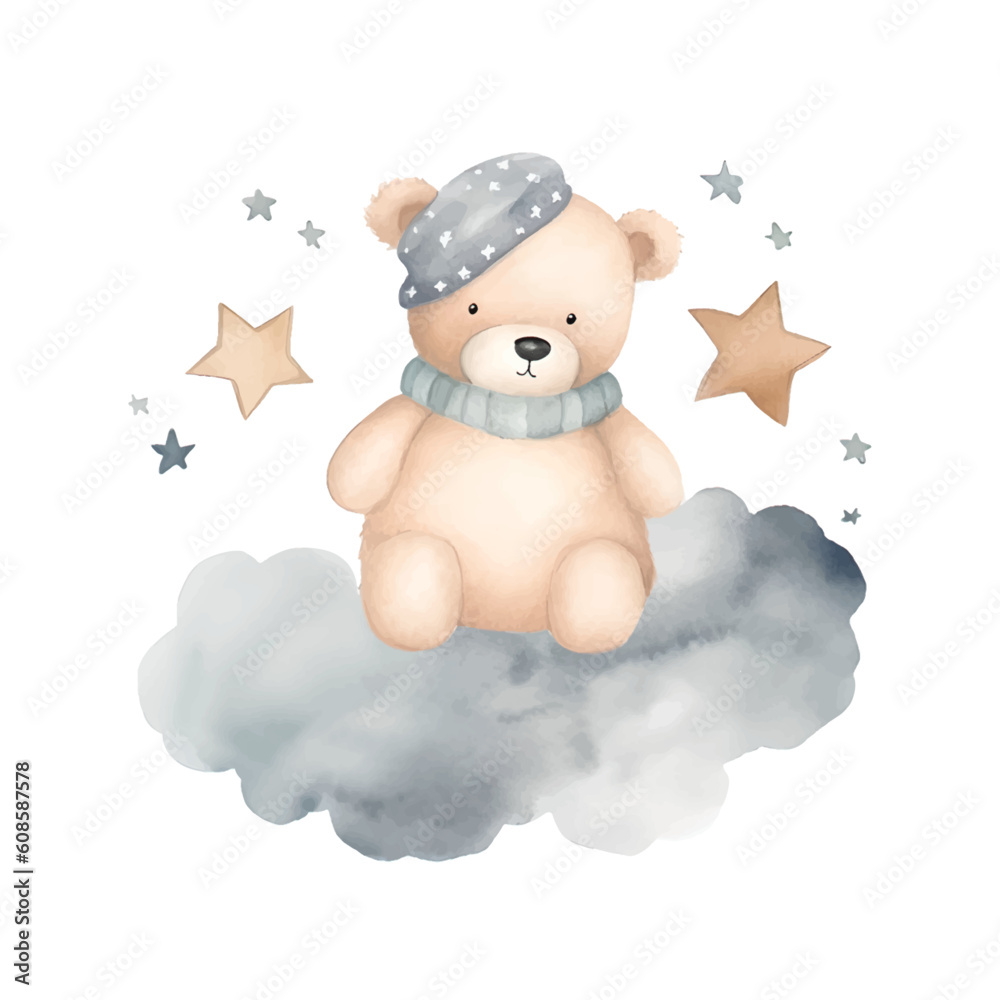 Vector little teddy sitting on the cloud and watching stars illustration cute bear
Vector little teddy sitting on the cloud and watching stars illustration cute bear