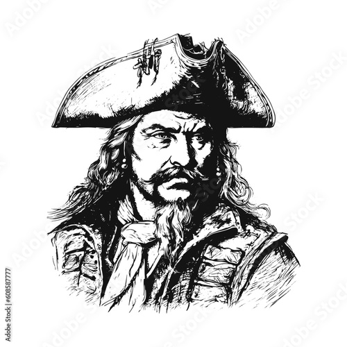 Vector pirate old man portrait of a sailor. Hand Drawn Engraving Pen and Ink Human Skull with Beard in pirates captain hat