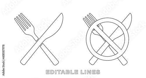 Editable eating prohibited, eating not allowed outline symbol with tableware and prohibition sign. Vector design with tableware on white background.
