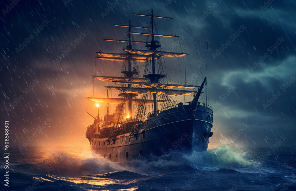 A majestic sailing ship glides gracefully at night on the ocean in stormy weather.