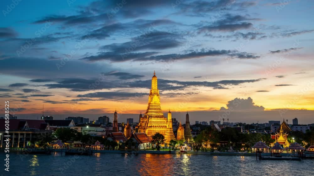 Day to night,Panning Time lapse,Beautiful sunset sky and behind Wat Arun Ratchawararam Ratchaworamahawihan, Bangkok, Thailand Day to night,Panning Time lapse,Beautiful sunset sky and behind Wat Arun Ratchawararam Ratchaworamahawihan, Bangkok, Thailand