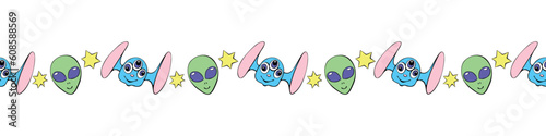 Edging, ribbon, border of funny Aliens heads, stars in doodle flat style. Humanoids, visitors, Martians. Decorative element, decoration on theme of space, UFO, fantastic, kids design