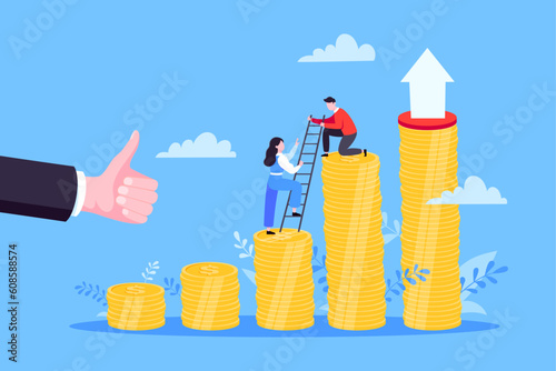 Business mentor helps improve career and money stacks growing. He holds stairs steps vector illustration. Mentorship, upskills, climb help self development strategy flat style design business concept.