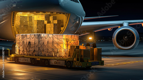 Loading cargo on the plane in airport in the night with Ai Generated