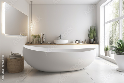 Generative AI. White bathroom with bathtub and mirror with sink near big window. White and wooden design of minimalist modern bathroom in open space  3D Interior of bathroom with fresh flowers