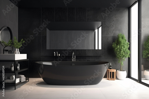 Generative AI. Dark bathroom interior with bathtub and accessories, grey concrete floor. Double sink behind glass partition, side view. 3D rendering. Modern, minumalistic