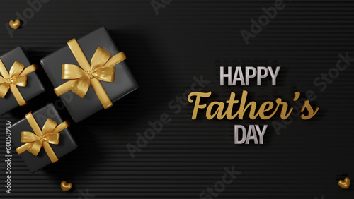 Happy Father Day Celebration Banner Design with 3D Golden and Black Gift Boxes. © Abdul Qaiyoom