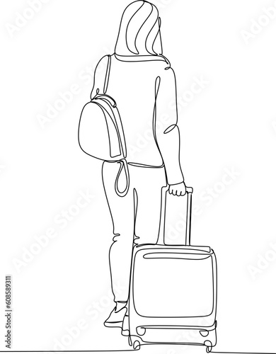 Continuous line drawing of traveler woman with luggage. Single one line art concept of tourist walking with suitcase. Vector illustration