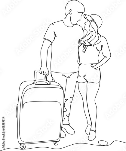 Continuous line drawing of traveling couple standing with baggage