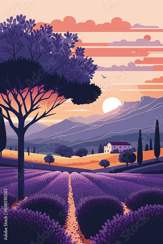 Generative AI. Rural landscape with lavender field and farm in Provence, France. Handmade drawing vector illustration. Vintage style poster.