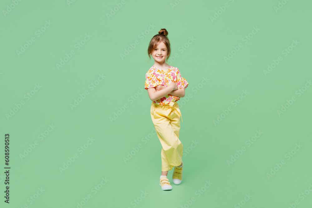 Full body side view little child kid girl 67 years old wear casual