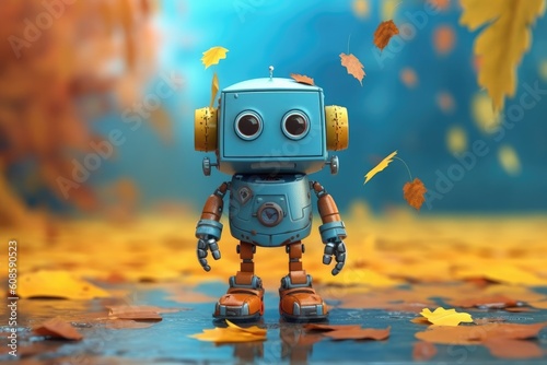 Small cute smiling autumn robot with hands, legs, colored with pastel colorful orange, red maple leaves, pastel orange background. Cute AI toy robot on yellow autumn leaves. Generative AI