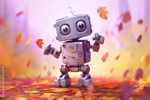 Small cute smiling autumn robot with hands, legs, colored with pastel colorful orange, red maple leaves, pastel orange background. Cute AI toy robot on yellow autumn leaves. Generative AI