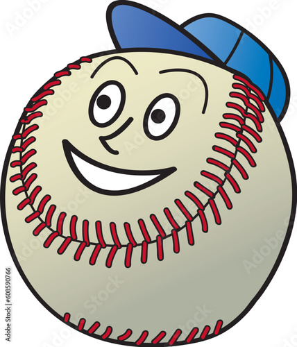 A cartoon baseball man smiling and wearing a hat.