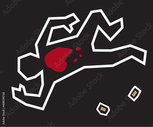 A stylized illustration of a classic crime scene with a chalk outline of the body and bullets used in the crime.