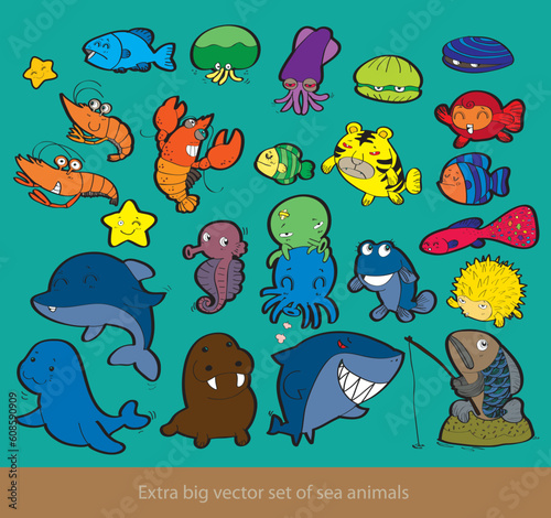 sea animals. Funny cartoon and vector isolated characters