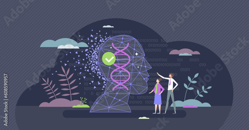 Biohacking as body with lifestyle improvement program tiny person concept. DIY biology method for human enhancement health improvement with diet, sleep and pills optimization vector illustration.