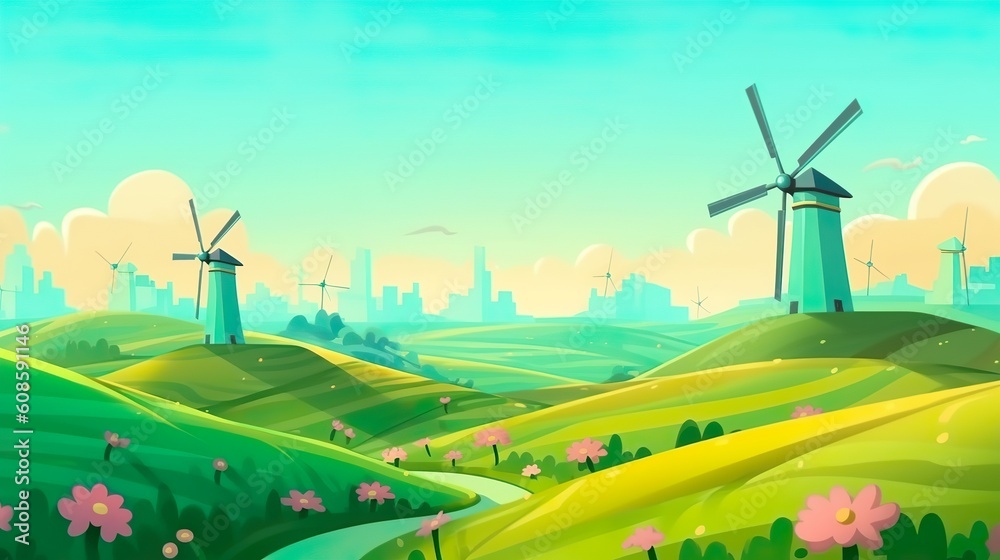 Obraz premium Background windmills. Demonstration of web design in the style of a banner, which includes images of windmills and nature as a background. Generative AI.